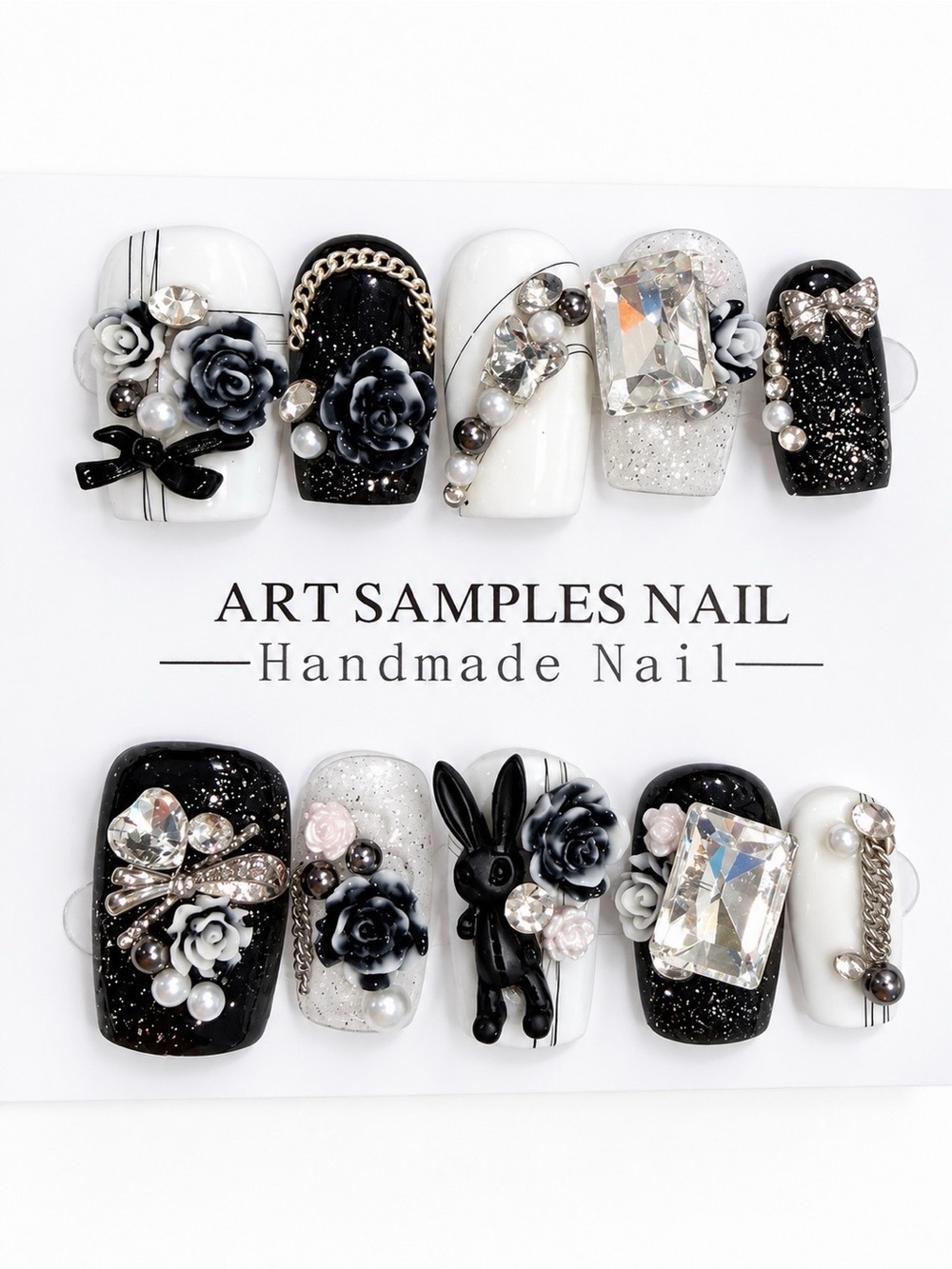 Handmade Black & White 3D Floral Crystal Nail Set + Nail Tool Kit